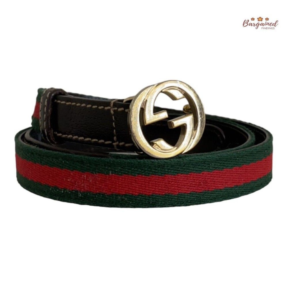 Authentic Gucci Web Canvas Brown Leather GoId Interlocking G Buckle Belt 85/34